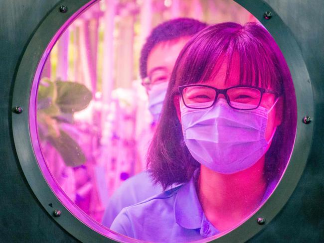 Student volunteers are seen inside the Lunar Palace 1, a laboratory simulating a lunar-like environment, as they prepare to leave the site in Beijing on May 15, 2018. A group of Chinese volunteers emerged from 110 days of isolation in a virtual 