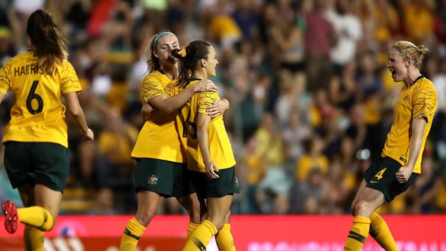 Matildas players celebrate after Hayley Raso scored their second goal against New Zealand on Thursday night. Picture: Getty Images 