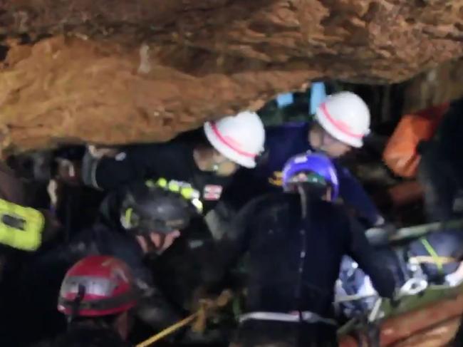 The rescue of the boys lost in the cave in Thailand. Picture: Thai Navy SEALs’ Facebook page