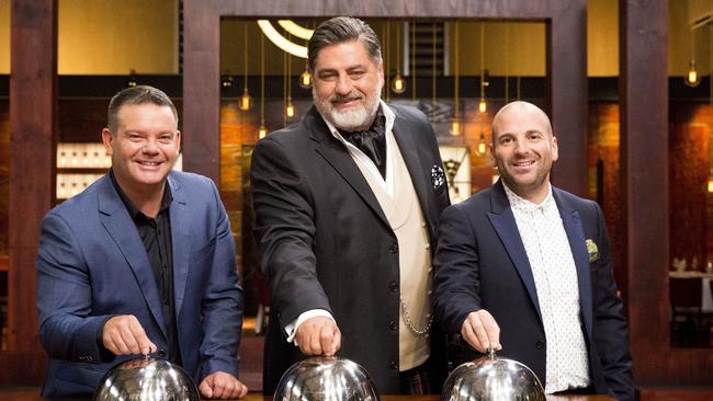 George Calombaris (right) with MasterChef Australia co-hosts (from left) Gary Mehigan and Matt Preston before his spectacular fall from grace.