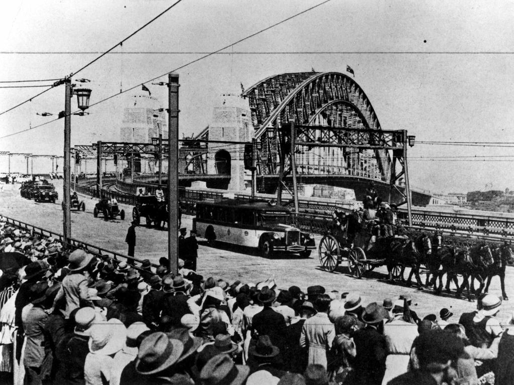 ***MUST CREDIT RTA ARCHIVES*** MARCH 19, 1932 : The crowd watches the official parade on the opening day of the Sydney Harbour Bridge, 19/03/32. pic RTA. NSW Historical  Picture: Supplied