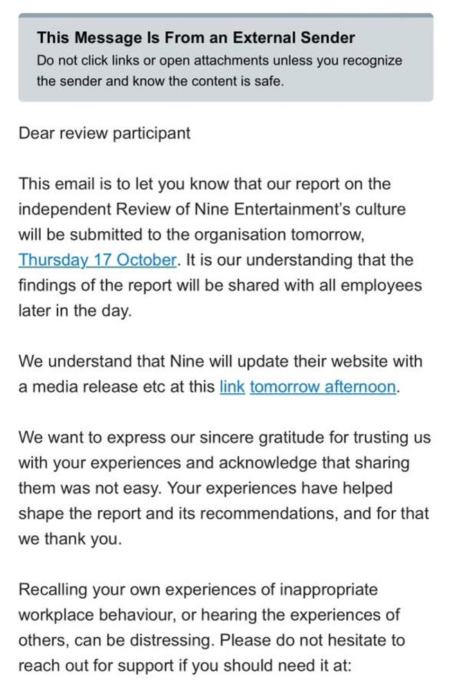 The long-awaited report into broader culture issues at Nine Entertainment will be shared Thursday. Pictured is an email to employees.