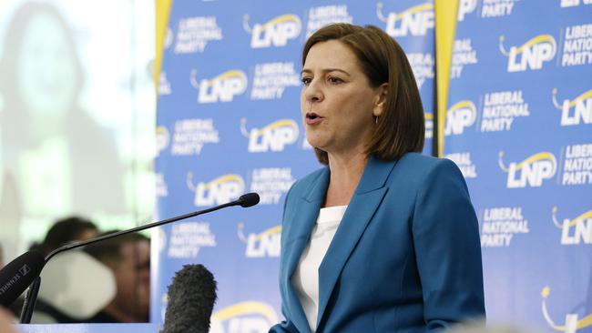 Deb Frecklington concedes the election at the Emporium Hotel in Brisbane on Saturday night. Picture: Josh Woning