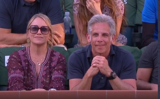 Ben Stiller and Christine Taylor watch Nick Kyrgios vs Rafael Nadal at Indian Wells.