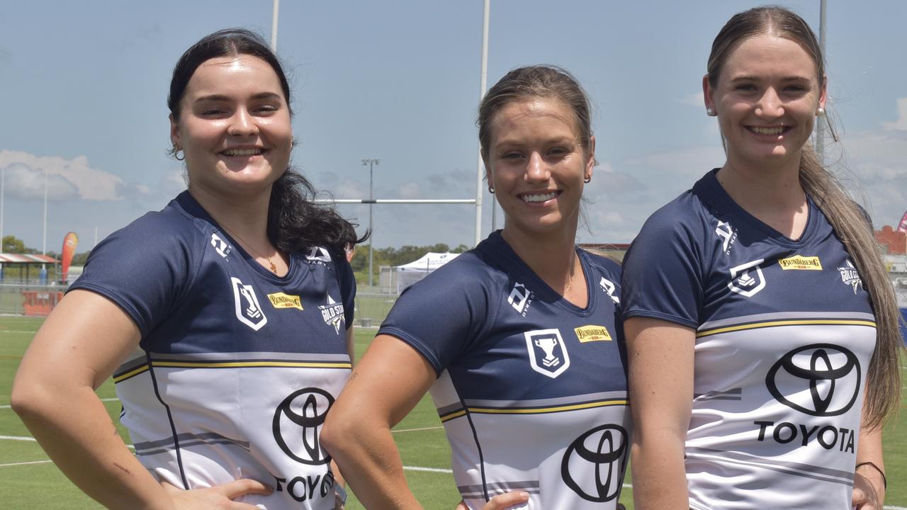 Zoe Martin (left), Alicia Martin and Kortney Deguara in the new North Queensland Gold Stars jerseys at BB Print Stadium ahead of the QRLW season. Picture: Matthew Forrest