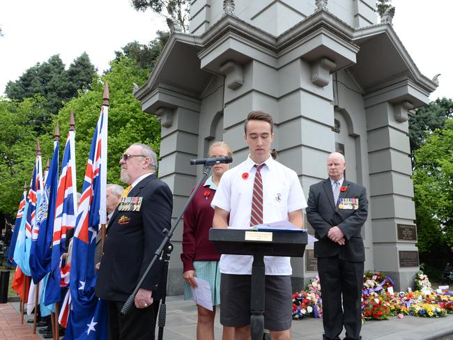 Remembrance Day at the Ringwood Clock Tower. Ringwood Secondary College students address those gathered. Picture: Lawrence Pinder