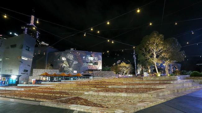 An empty Federation Square paints a bleak out look for Melbourne’s nightlife. Picture: Ian Currie