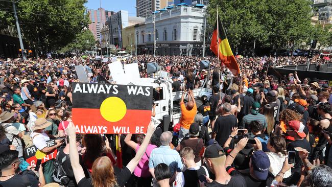 Australia Day protest outside Parliament House in Melbourne last year. Picture : Alex Coppel