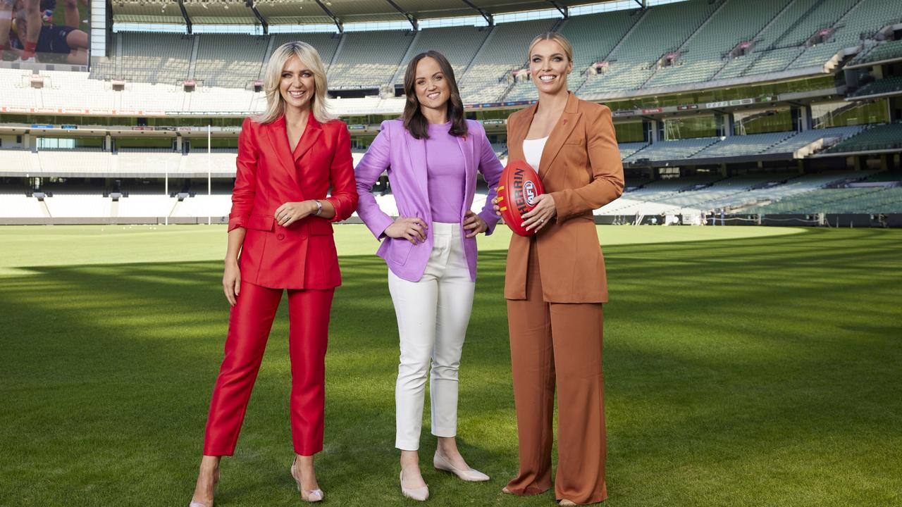 Jacqui Felgate, Daisy Pearce and Abbey Holmes at Channel 7's footy team shoot day