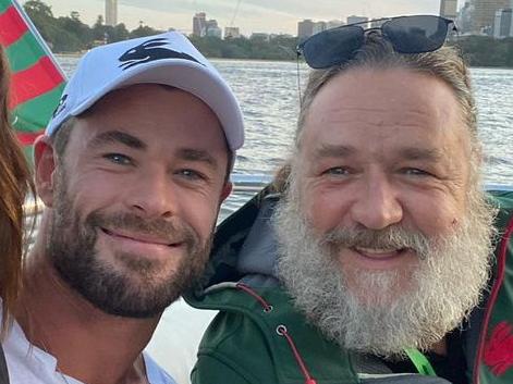 Pictures from Chris Hemsworth's Instagram of him and Elsa Pataky enjoying the South Sydney Rabbitohs win with Russell Crowe. Source: Instagram