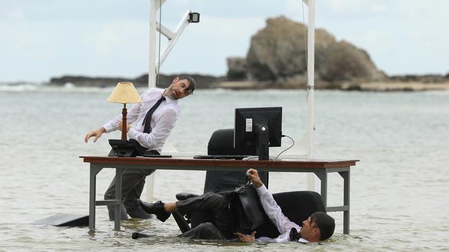 Gavin Webber and Josh Thomson performing their work Tide on the Gold Coast. Picture Glenn Hampson