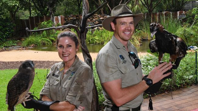 Territory Wildlife Park are having a promotion about families with animal surname's getting free entry to the Territory Wildlife Park this Sunday as part of a special launch , Zoo Keepers Shael Martin [which is a bird] with Ruby a Rufous Owl and Luke Hare with Errol a Black breasted buzzard.  Picture Katrina Bridgeford.