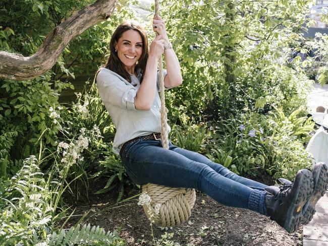 Kate, the Duchess of Cambridge poses for a photo in the Adam White and Andree Davies co-designed 'Back to Nature' garden during build week ahead of the RHS Chelsea Flower Show. Picture: AP