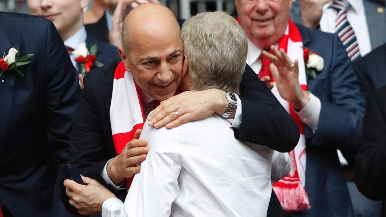 Ivan Gazidis hugs Arsene Wenger after Arsenal’s win over Chelsea in the English FA Cup final last year.