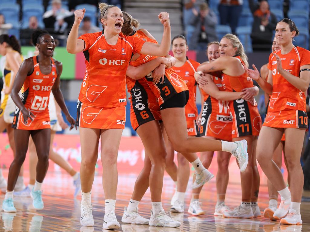 Jo Harten and the GIANTS celebrate their first victory of the Super Netball season. Picture: Getty Images