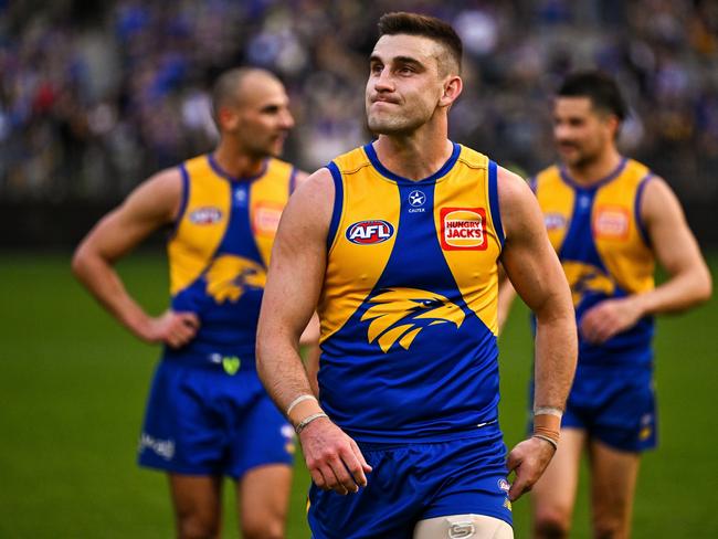 PERTH, AUSTRALIA - JULY 30: Elliot Yeo of the Eagles is happy with the win during the 2023 AFL Round 20 match between the West Coast Eagles and the North Melbourne Kangaroos at Optus Stadium on July 30, 2023 in Perth, Australia. (Photo by Daniel Carson/AFL Photos via Getty Images)