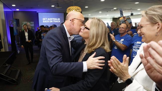 NCA 2025 FEDERAL ELECTION LIBERAL BUS. 27/04/2025Pictured is Opposition Leader Peter Dutton embracing his wife Kirilly Dutton as he attended a Liberal Party rally at Melton Entertainment Park at Melton in the electorate of Hawke outside Melbourne in Victoria.Picture: Richard Dobson / NewsWire