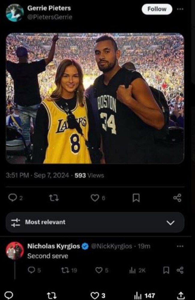 Kyrgios is in hot water over this two-word reply to a social media user who shared an old photo of him with his ex-girlfriend Anna Kalinskava. Picture: X