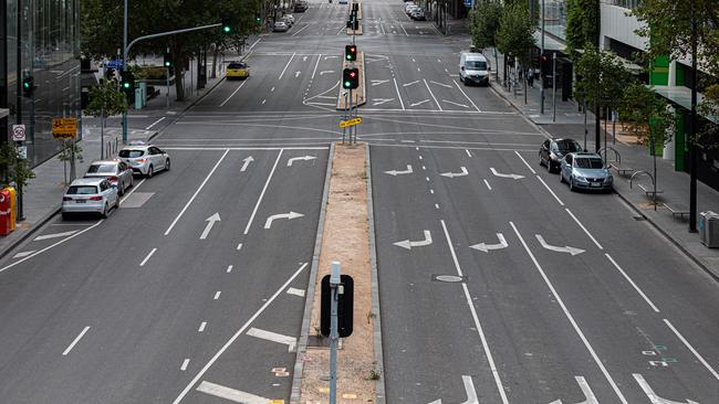 A mostly empty Bourke St in Docklands after all non-essential business were closed. Picture: Asanka Ratnayake/Getty Images