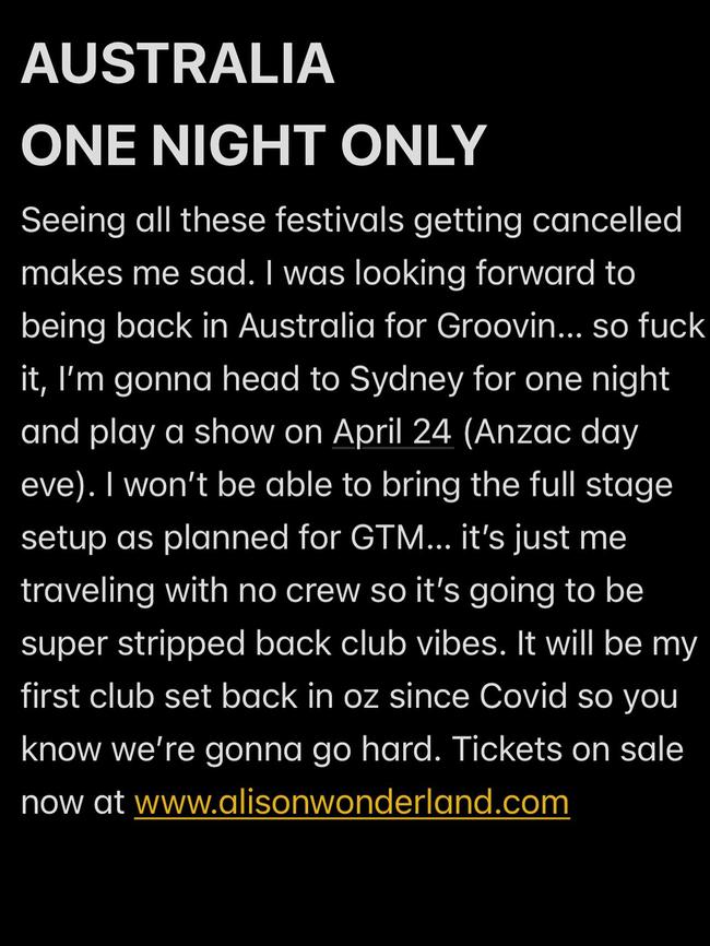 Aussie electronic artist Alison Wonderland has announced she'll perform a stripped back concert in Sydney on Anzac Day eve. Photo: Instagram.