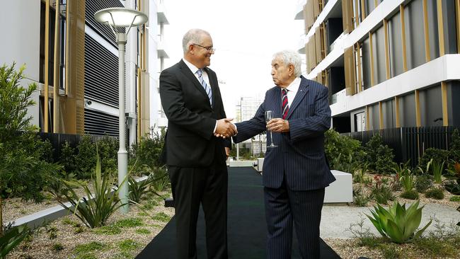 Mr Triguboff welcomes Scott Morrison to a development opening at Pagewood Green. Picture: John Appleyard