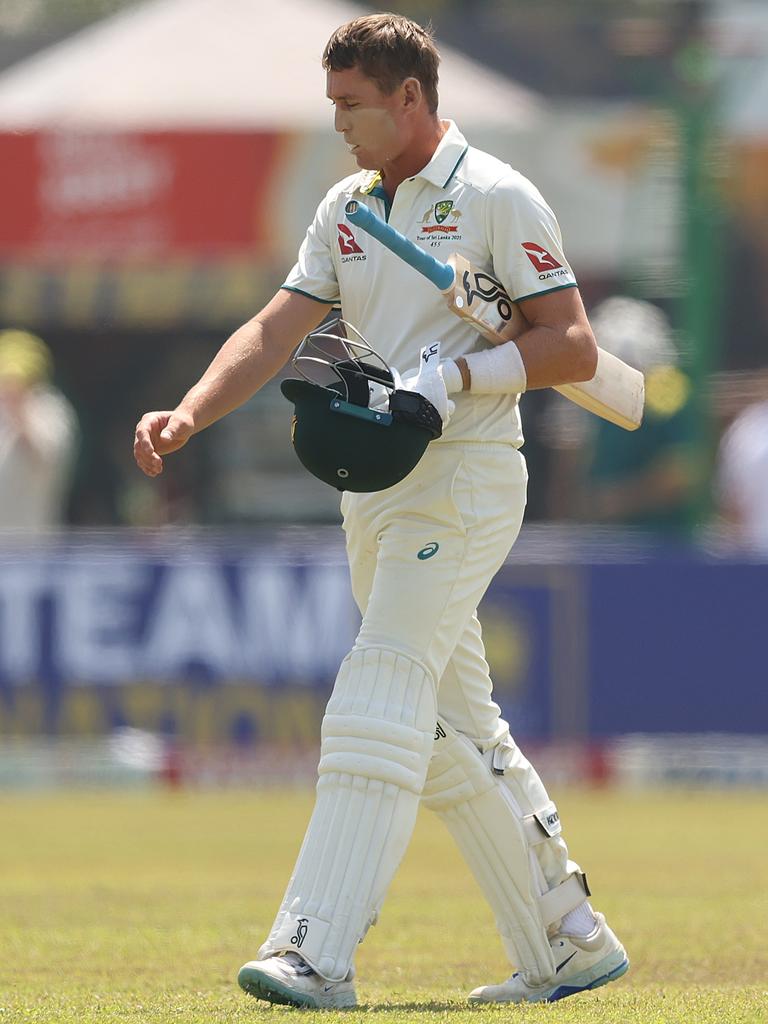 Stand-in Australian captain Steve Smith has thrown his arms around Marnus Labuschagne amid a lean stretch of runs. Picture: Robert Cianflone/Getty Images