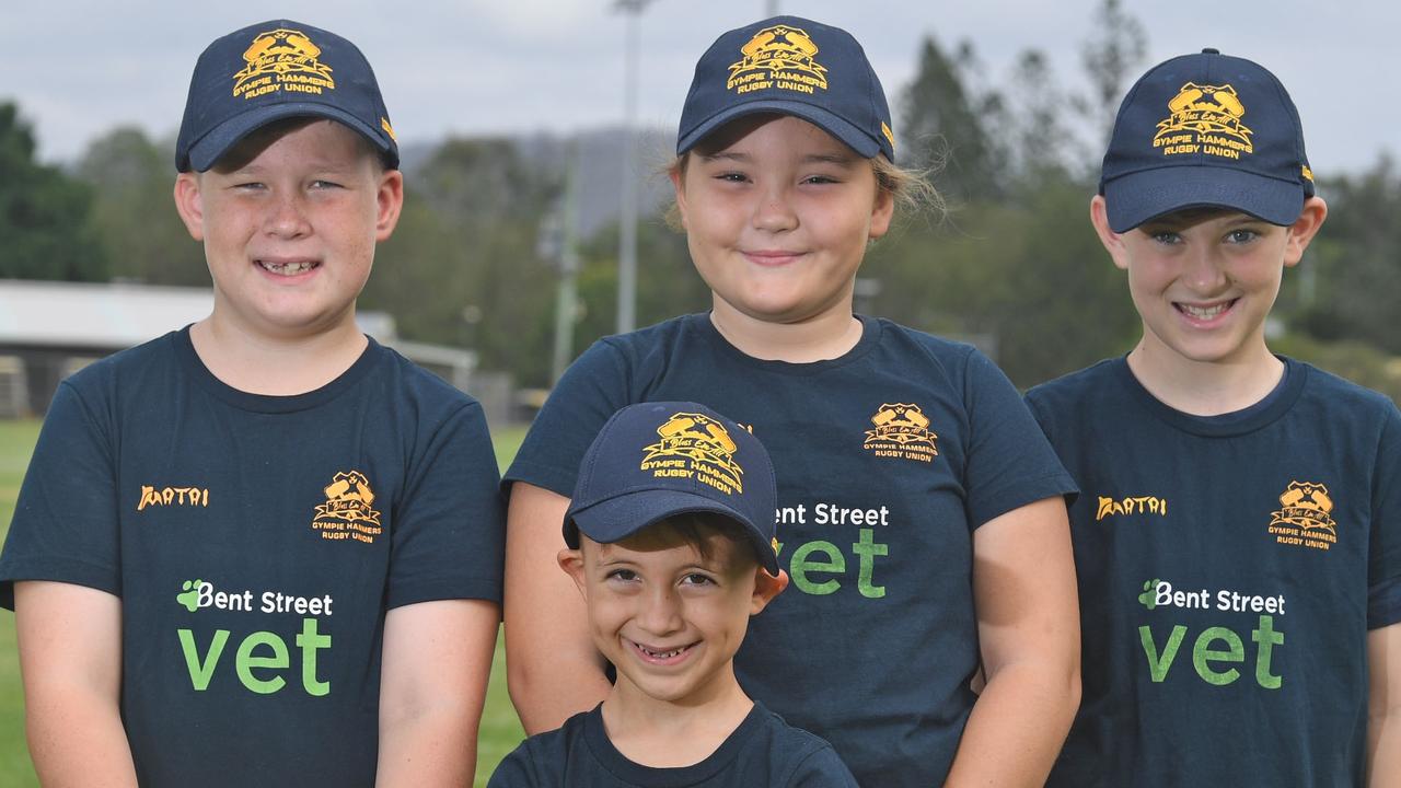 Gympie Hammers rugby union club juniors (back, from left) Kellen Donoghue, Tayla Vogelpoel, Jack Downward and (front) Hudson Donoghue. Photo: Troy Jegers.