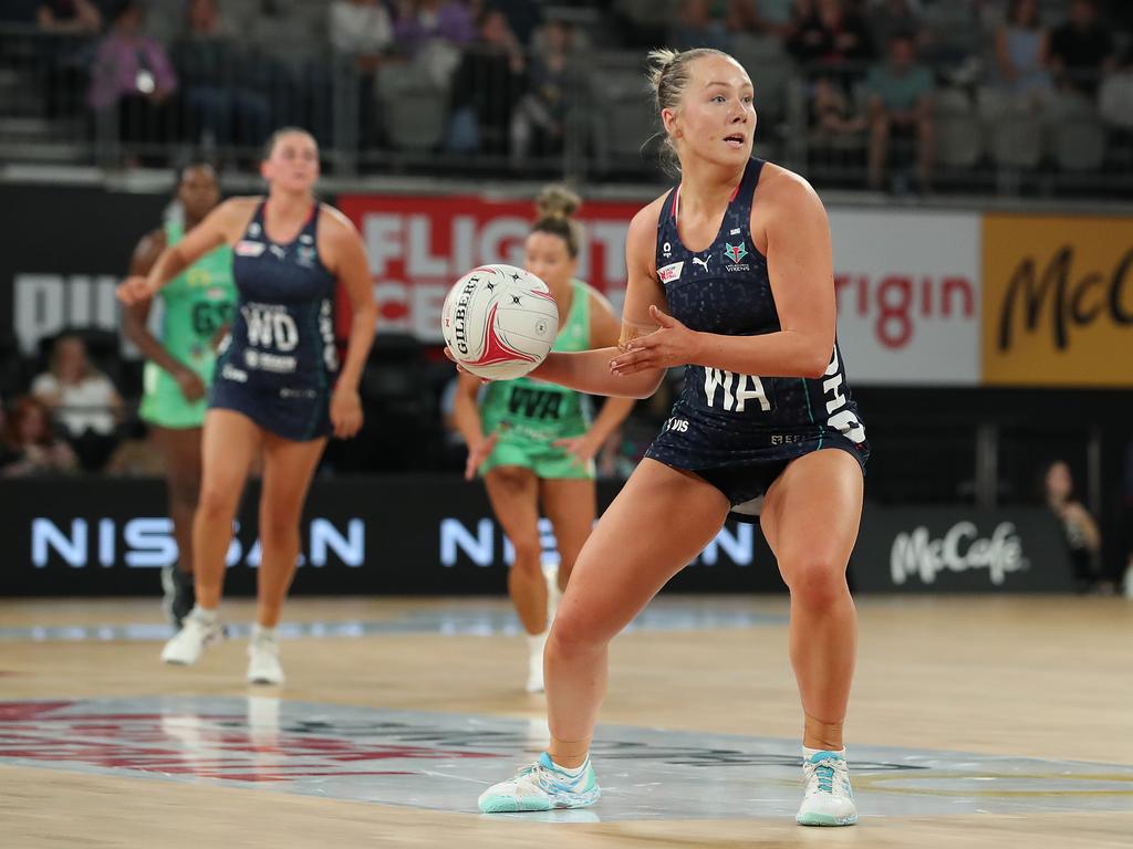 The Vixens’ Hannah Mundy prepares to pass the ball in a match against West Coast Fever last season. Picture: by Graham Denholm/Getty Images