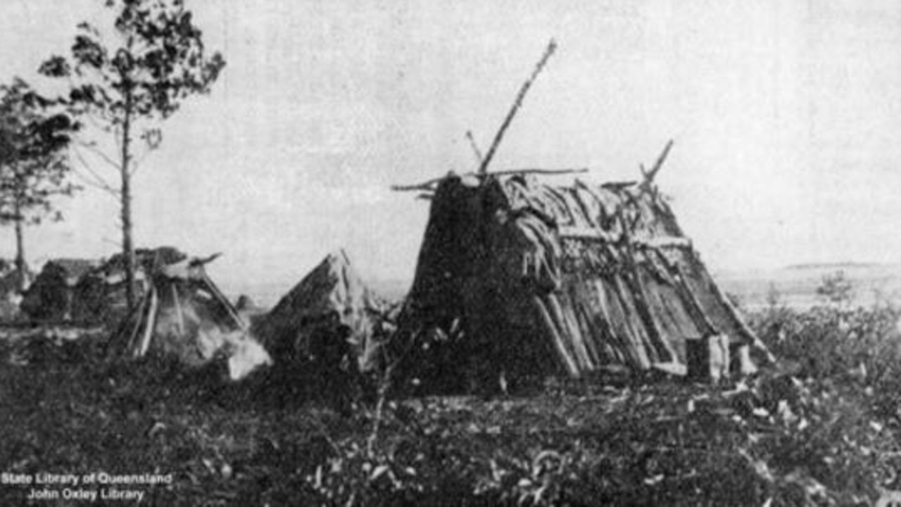 Shelters at Boggimbah, Fraser Island, 1902. Simple accommodations for workers and settlers in the Fraser Island timber industry. Source: State Library of Queensland