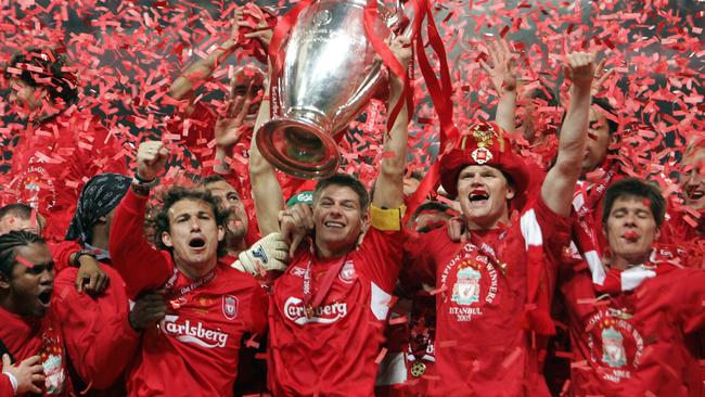 Liverpool captain Steven Gerrard lifts the Champions League throphy after winning in Istanbul in 2005.