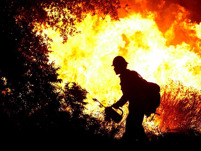 A U.S. Forest Service firefighter uses a drip torch to light a back fire in La Crescenta, California, USA 31 Aug 2009. The out of control Station Fire has burned more than 105,000 acres and has forced thousands of evacuations as nearly 12,000 homes are threatened. (Justin Sullivan/Getty Images/AFP) FOR NEWSPAPERS, INTERNET, TELCOS & TELEVISION USE ONLY.