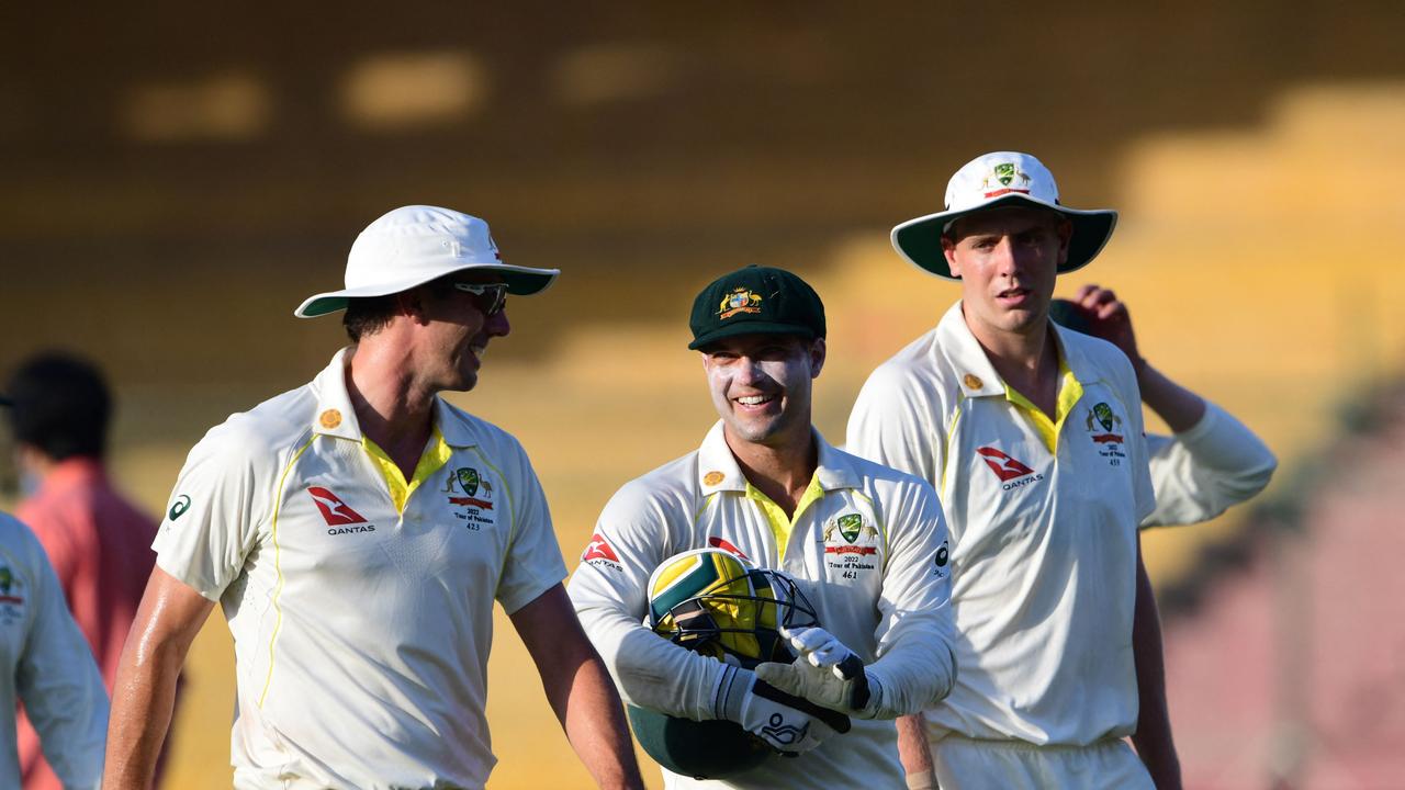 Australia's players leave the field at the end of the fourth day of the second Test cricket match between Pakistan and Australia at the National Cricket Stadium in Karachi on March 15, 2022. (Photo by ASIF HASSAN / AFP)