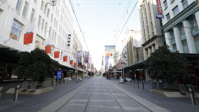 MELBOURNE, AUSTRALIA - AUGUST 09: A general view of the Bourke Street Mall on August 09, 2020 in Melbourne, Australia. Protesters face fines and arrest for breaching the Chief Health Officer's directives as Victoria works to contain COVID-19 transmissions in the community. Melbourne's current lockdown restrictions and Metropolitan Melbourne is under stage 4 lockdown restrictions, with people only allowed to leave home to give or receive care, shopping for food and essential items, daily exercise and work while an overnight curfew from 8pm to 5am is also in place. The majority of retail businesses are also closed. Other Victorian regions are in stage 3 lockdown. The restrictions, which came into effect from 2 August, have been introduced by the Victorian government as health authorities work to reduce community COVID-19 transmissions across the state. (Photo by Darrian Traynor/Getty Images)