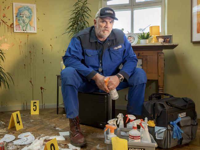 In a new Britbox show called 'The Cleaner', award-winning actor Greg Davies plays a crime scene cleaner who goes about the business of mopping up crime scenes after the police are done. The crime comedy also features Helena Bonham Carter. Photographer: Ryan O'Donoghue