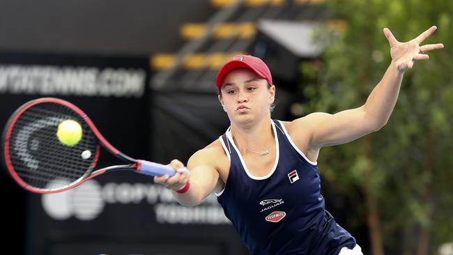 Australia’s Ash Barty hits a forehand return during her three-set triumph over Anastasia Pavlyuchenkova at Memorial Drive. Picture: Sarah Reed