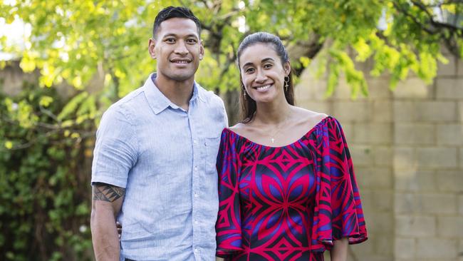 Israel Folau with his wife Maria Folau at Kenthurst Uniting Church. Hollie Adams/The Australian