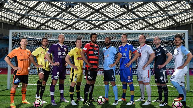Players representing the Hyundai A-League football teams at the season launch.