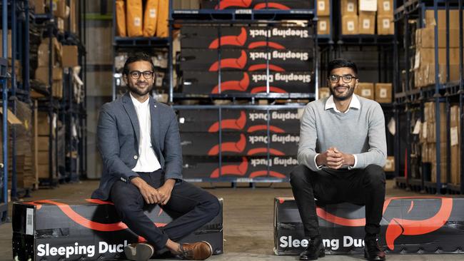 Sleeping Duck founders Winston Wijeyeratne and Selvam Sinnappan at their warehouse in Mulgrave, Melbourne. Picture: David Geraghty