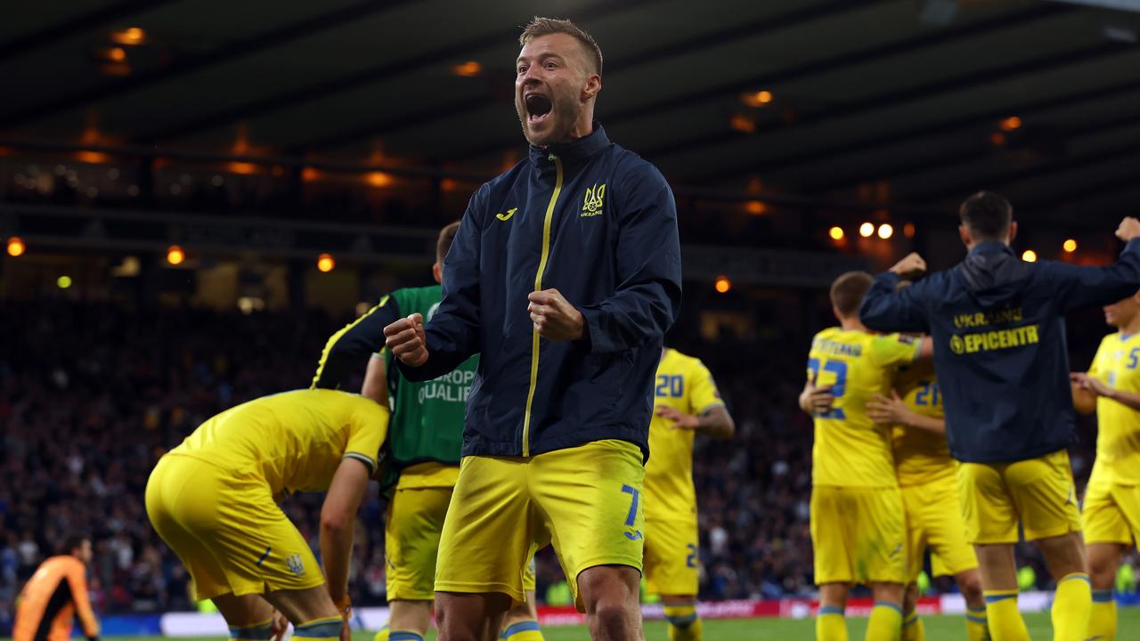 GLASGOW, SCOTLAND - JUNE 01: Andriy Yarmolenko of Ukraine celebrates after their sides victory during the FIFA World Cup Qualifier match between Scotland and Ukraine at Hampden Park on June 01, 2022 in Glasgow, Scotland. (Photo by Ian MacNicol/Getty Images)
