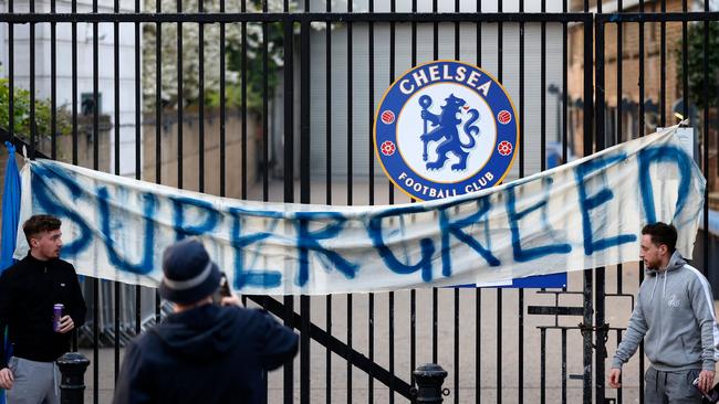 Football supporters demonstrate against the now-abandoned European Super League plan. Picture: Adrian Dennis/AFP