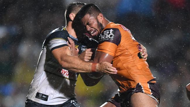 Payne Haas charges into the Cowboys defence. Picture: Gregg Porteous/NRL Photos