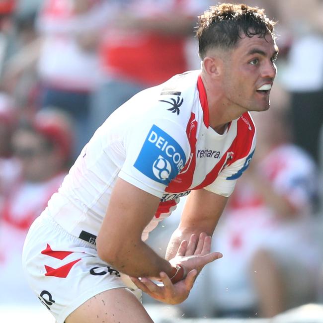 Father-to-be Kyle Flanagan’s try celebration. Picture: Brett Costello/NRL Images