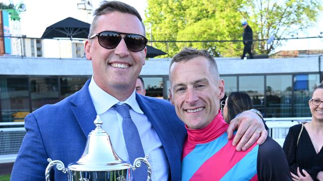 Tony Gollan celebrates the win with Blake Shinn. Picture: Vince Caligiuri/Getty Images