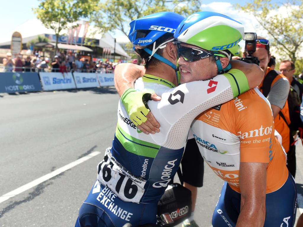 Ewan and Simmon Gerrans hug after the race. Photo: Tom Huntley.