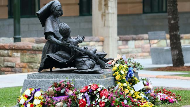 Floral wreaths at the Shrine of Remembrance during the Anzac Day Parade held in Brisbane. Picture: NCA NewsWire/Tertius Pickard