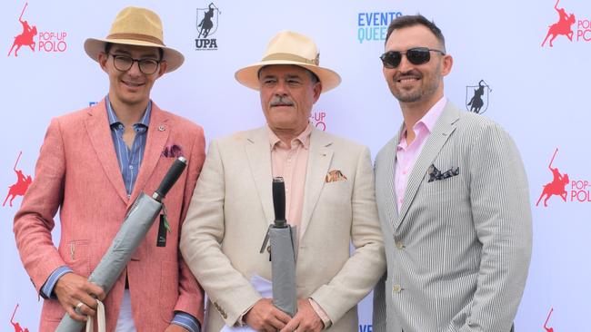 Men's fashion on the field second, first and third place contestants at the Rockhampton Jaguar Land Rover Pop-Up Polo on June 3, 2023. Picture: Aden Stokes
