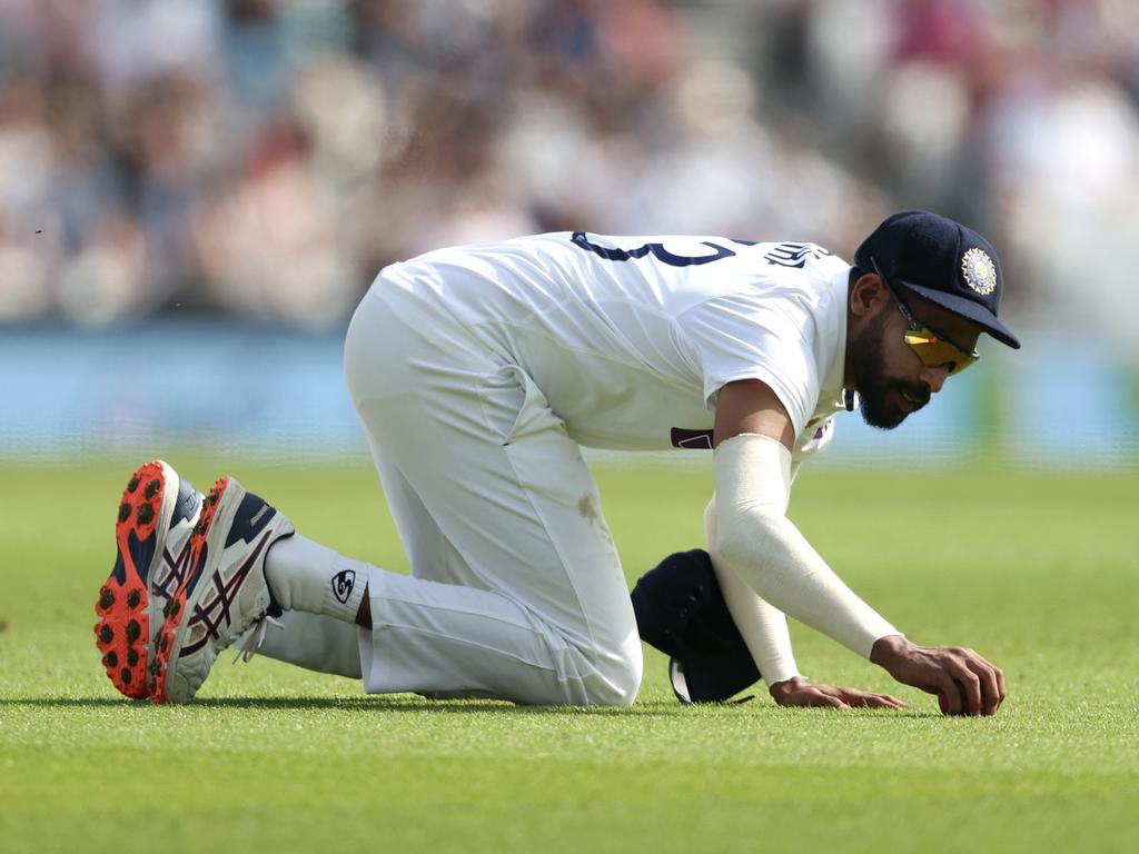 Mohammad Siraj of India drops a catch. Picture: Julian Finney