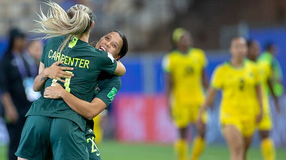 Ellie Carpenter and Sam Kerr celebrate victory over Jamaica in the group stages of the 2019 FIFA Women's World Cup. Picture: Tim Clayton Corbis