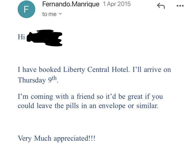 A copy of the email sent by Manrique to a friend asking for Viagra to be left at a hotel reception desk in Viernam. 