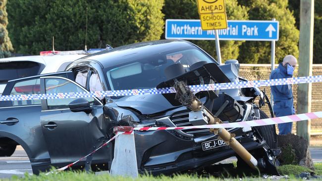 The smashed car police allege belonged to the shooter. Picture: David Crosling